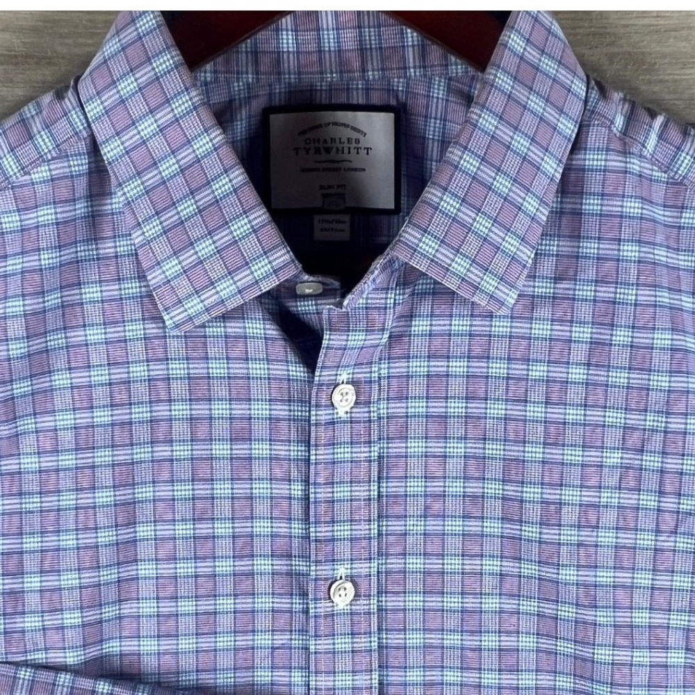 Charles Tyrwhitt Slim Fit Non-Iron Shirt Purple Blue Check 17.5 36 FON2055UBL